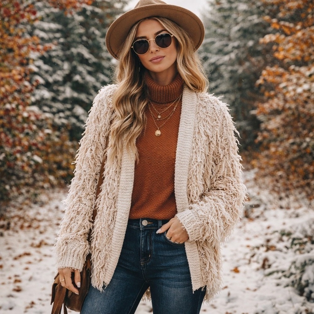 STORIA Cream Knit Fringe Cardigan Open Front Boho Festival S Hippie Cowgirl